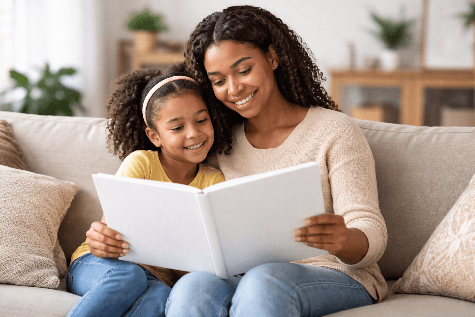 Mother reading a personalized TaleMade children's book with her daughter